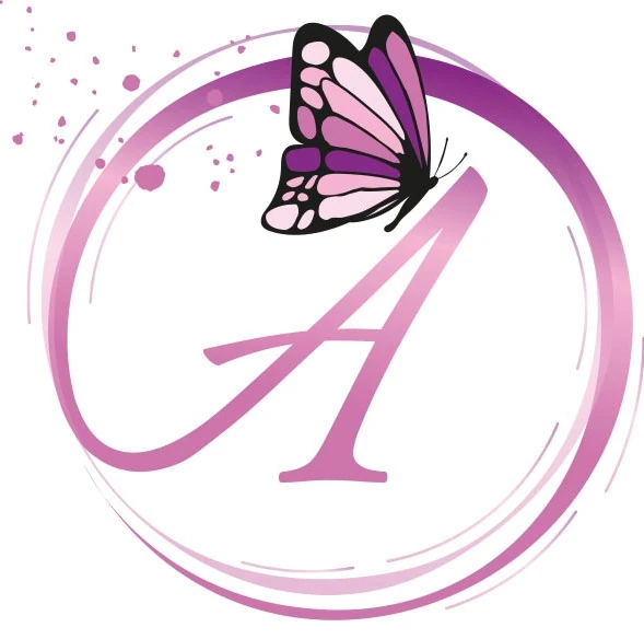 Logo Astrid JACQUESSON EI Logo Astrid JACQUESSON Sophrologue EI, A majuscule entouré d'une spirale et surmonté d'un papillon.